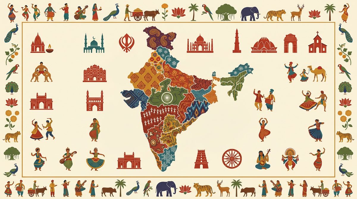 Folk-art illustrated map of India with decorative border, shown in black and white
